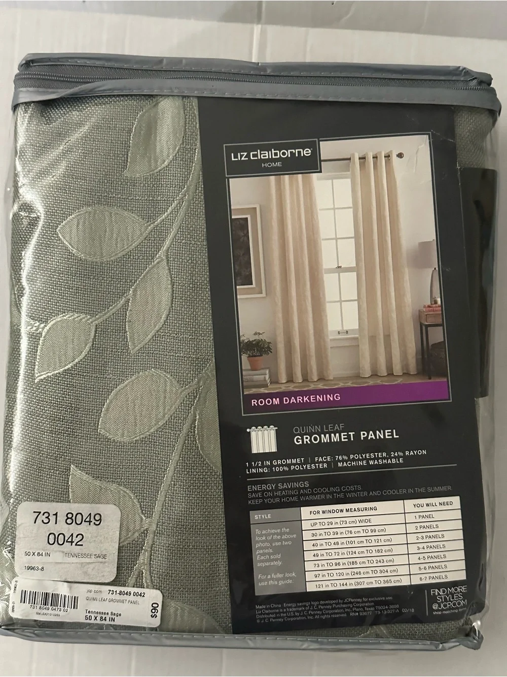 LizLiz Claiborne Home Quinn Leaf Room Darkening Grommet Curtain Panel 50x84 Sage